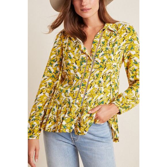 Maeve by Anthropologie Janie Flounced Peasant Blouse Yellow Rabbit Print Size 4 - Picture 1 of 8